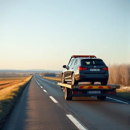 A realistic scene of a tow truck (flatbed) carrying a passenger car on a long highway that stretches from Moscow to Vologda, with a subtle hint of the Russian countryside in the background—rolling fields, distant birch trees, and a clear sky. The focus is on the vehicle and the road, showing the tow operation in progress, without any text, logos, or people.