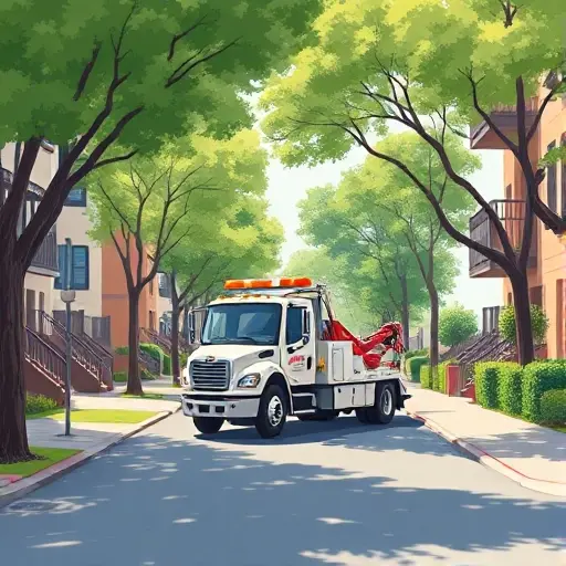 Эвакуатор на 11-й улице Новые Сады: Полное руководство A realistic smallHQ illustration of a tow truck (evacuator) parked on a typical residential street named 11th Street in the New Gardens neighborhood, with tree‑lined sidewalks, modest apartment buildings, and a clear view of the street environment under a bright daytime sky. The scene should convey a helpful, professional service without any text, logos, or people.