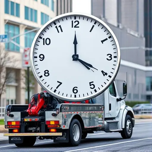 A realistic scene showing a tow truck parked beside a road with a large analog clock superimposed above it, indicating the passage of time; the truck's hook and lights are visible, and the background features a city street with subtle hints of traffic, all rendered in a clean, high-quality smallHQ style without any textual elements.
