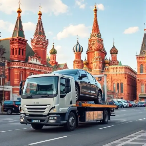 A modern tow truck driving through a recognizable Moscow street scene, gently lifting a brand-new sleek car onto its platform. The background shows iconic Moscow architecture such as the Kremlin towers and red brick buildings under a clear sky. The focus is on the vehicle transport, with realistic lighting and a dynamic perspective, no text or signage visible.