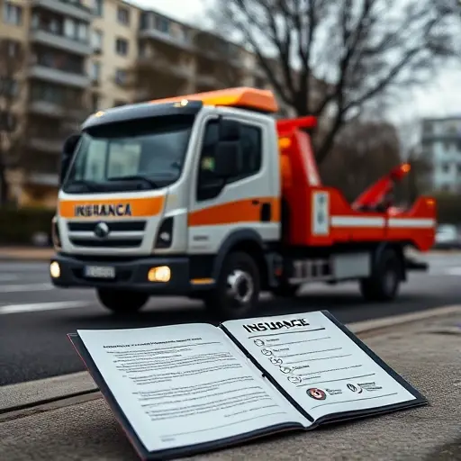 A realistic scene of a tow truck (evacuator) parked on a street in the Medvedkovo district of Moscow, with a subtle backdrop of typical Moscow apartment buildings and trees. The truck is highlighted, and beside it lies an open insurance document folder with visible icons of a shield and a checkmark, indicating liability insurance, but without any readable text. The lighting is soft, conveying a professional and trustworthy atmosphere.