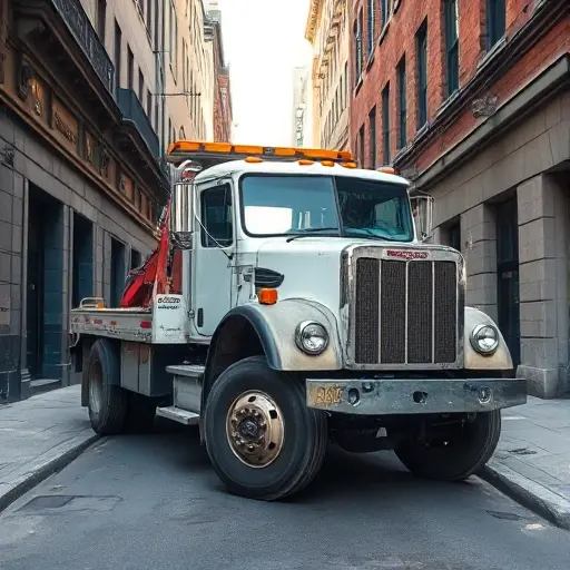 A tow truck parked on a narrow city street, showing a technical malfunction such as a broken wheel or damaged hydraulic system, with surrounding buildings and urban scenery, no text or lettering visible