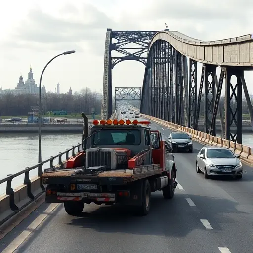 A realistic depiction of a tow truck parked on the Aminyevsky Bridge in Moscow, with the bridge's distinctive arch and surrounding traffic, showing the bridge's steel structure and a clear view of the river below, no text or signage