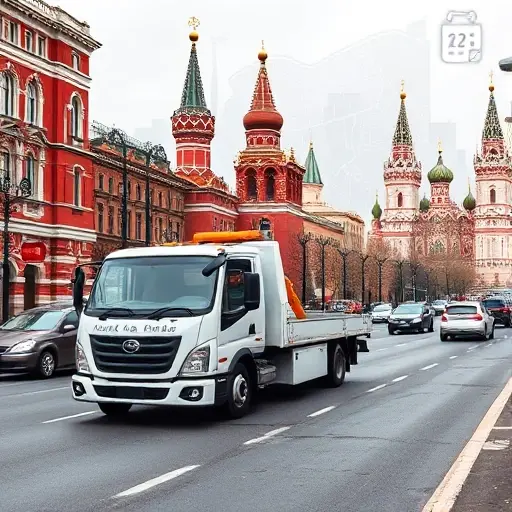 A modern tow truck parked on a busy Moscow street near recognizable landmarks such as the Kremlin silhouette and red brick buildings, with a city map outline subtly in the background indicating routes, and visual elements like a price tag icon and a calendar subtly blended to suggest cost factors, all rendered in a realistic yet compact high-quality style without any readable text or logos.