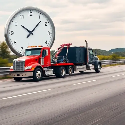 A realistic tow truck pulling a vehicle on a highway, with a subtle background clock indicating time passing, emphasizing the concept of hourly payment without any visible text or numbers; the scene should convey a professional service and motion, using a clean, high-quality smallHQ visual style.