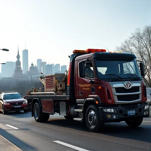 A modern tow truck parked on a busy street in New Moscow, with the city skyline in the background, the driver holding a phone as if calling for assistance, realistic lighting and clear sky