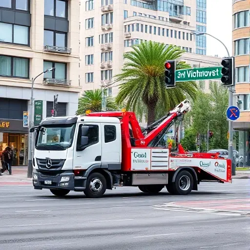 Эвакуатор на 3-й Вишнёвой улице: Полное руководство A realistic depiction of a modern tow truck parked on a bustling city street, 3rd Vichnyov Street, with surrounding urban architecture, street signs, and traffic lights, but no visible text, letters, or numbers on the scene.