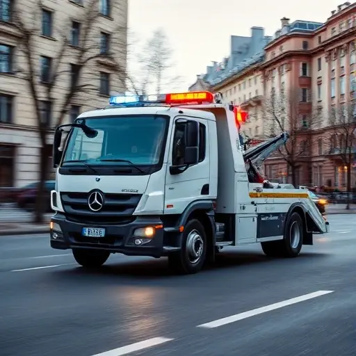 A modern tow truck driving swiftly through a clean, well‑lit street in the south‑west district of Moscow, with the city’s characteristic architecture in the background, showing the vehicle’s bright emergency lights and a professional driver ready to assist, conveying speed and reliable help
