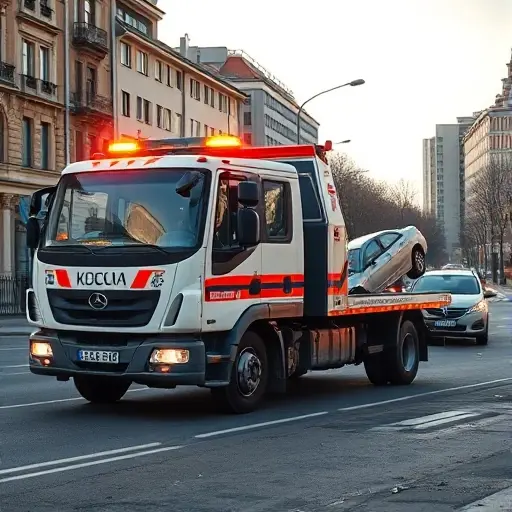 A realistic scene of a tow truck (evacuator) parked at a traffic accident site in the South-Eastern Administrative District of Moscow. The background shows typical Moscow city buildings and streets, with subtle signs of a recent collision such as a slightly damaged car and scattered debris. Emergency lights on the tow truck are illuminated, and a calm, professional driver is inspecting the vehicle. The atmosphere is clear, daytime, with a focus on the tow truck and the urban environment, without any text or signage.