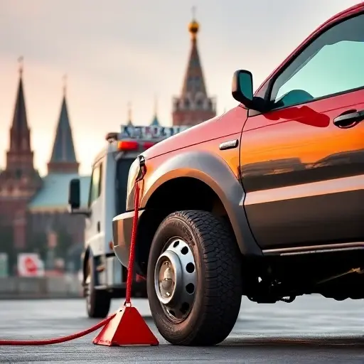 A tow truck in Moscow, showing a vehicle with its wheels blocked and a tow hook attached, set against recognizable Moscow cityscape elements like the Kremlin silhouette or typical street signs, emphasizing the concept of a blocked wheel situation for a vehicle being towed