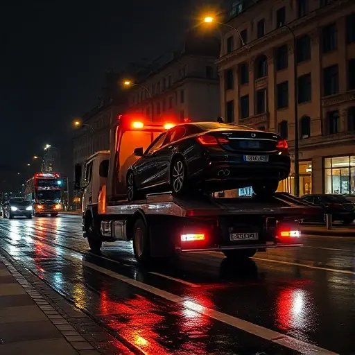 Работают ли эвакуаторы ночью в Москве: Полный план статьи A nighttime street scene in Moscow with a tow truck (evacuator) actively working, illuminated by streetlights and city glow, a parked car being lifted onto the truck, wet pavement reflecting lights, urban buildings in the background, no text or signage