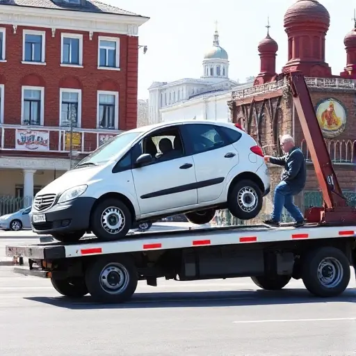 A modest, affordable tow truck in a Moscow city setting, with a friendly driver assisting a small car being lifted onto the truck. The background shows recognizable Moscow architecture such as a red brick building and a hint of the Kremlin dome, but no signage or text. The scene is bright and daytime, emphasizing reliability and low cost service.