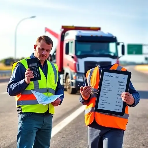 расчет эвакуатора A realistic scene of a towing truck parked beside a damaged vehicle on a highway. A mechanic in a reflective vest holds a calculator and a map, while looking at a digital tablet displaying cost estimates. The background shows a clear sky and a road sign, with no visible text, letters, or digits in the image.