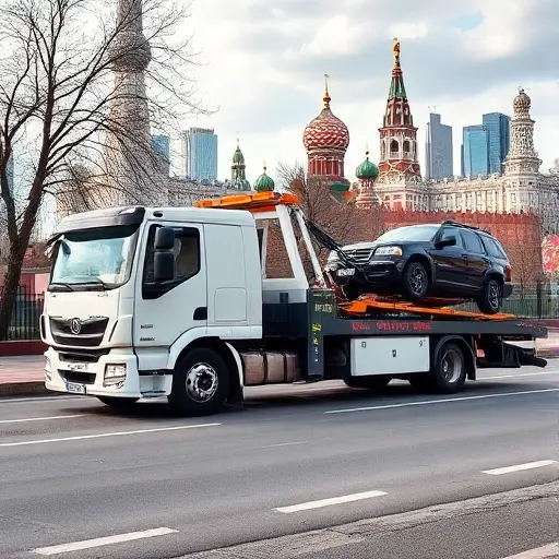 A modern towing truck parked on a Moscow street, with the iconic skyline of Moscow in the background, a clear view of a vehicle being towed, and a subtle price sign graphic, but no text or numbers visible.