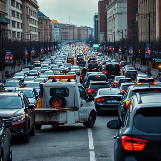 A realistic scene of a busy Moscow street in the South-Eastern Administrative District, showing a compact tow truck parked near the viewer, surrounded by a dense flow of cars and traffic congestion, with urban buildings and streetlights in the background, captured in a vibrant yet slightly muted color palette