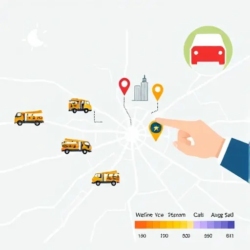 A stylized illustration of a Moscow city map with several tow truck icons, a hand pointing to a highlighted truck, and a rating scale, all in a clean, modern design, no text or numbers