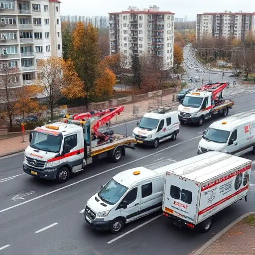 A realistic city scene of South-West Moscow showing a variety of tow trucks parked and operating on streets: a flatbed tow truck, a wheel-lift truck, a heavy-duty recovery vehicle, and a compact roadside assistance van. The background includes typical Moscow apartment buildings and a hint of the Moscow River, with subtle autumn foliage. No people, logos, or text are visible.