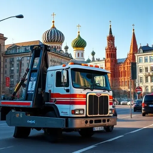 A realistic tow truck parked on a busy Moscow street, with recognizable city elements such as the Kremlin dome silhouettes and typical Russian apartment buildings in the background, under a clear sky. The focus is on the tow truck's details and the urban environment, without any text, logos, or signage.