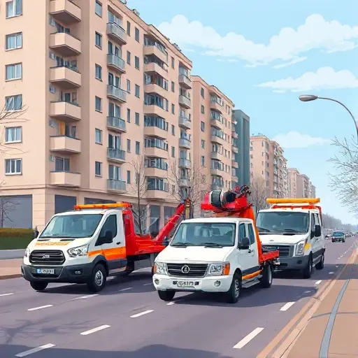 A realistic illustration of several tow trucks in the Medvedkovo district of Moscow, showing a flatbed tow truck, a wheel‑lift tow truck, and a heavy‑duty recovery vehicle on a city street with typical Moscow apartment buildings and a clear sky, no text or logos