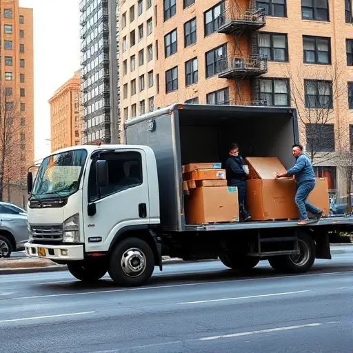 A tow truck parked on a city street, a worker loading boxes and furniture onto the truck, with urban buildings in the background, no text or logos visible, no faces shown