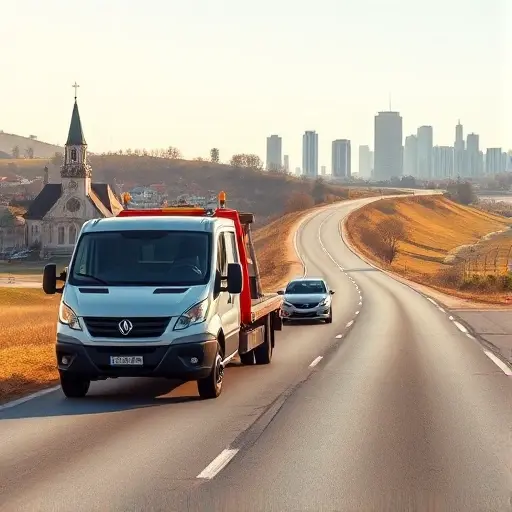 A realistic scene showing a modern tow truck driving on a highway that connects a historic town with a bustling capital city. The road stretches from a picturesque, church‑crowned townscape on the left to a skyline of tall modern buildings on the right. The tow truck is pulling a small sedan, both vehicles are clean and detailed, with the driver visible through the windshield. The sky is clear with soft sunlight, and the surrounding landscape includes gentle hills and scattered trees. No text, logos, or signage appear in the image.