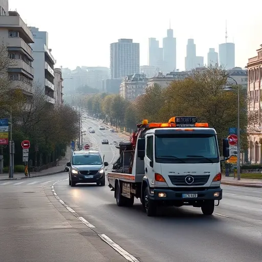 Эвакуатор по Москве недорого на юго-западе: Полный план статьи A realistic scene of a tow truck assisting a vehicle on a city street in the southwestern part of Moscow, with typical urban buildings, trees, and a subtle hint of the Moscow skyline in the background, all depicted in the smallHQ style, without any text, letters, or numbers
