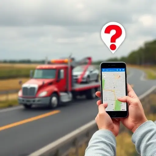 A tow truck pulling a car on a road, with a person standing beside it holding a phone displaying a map, a question mark icon floating above the scene to indicate uncertainty about the destination, all in a realistic style