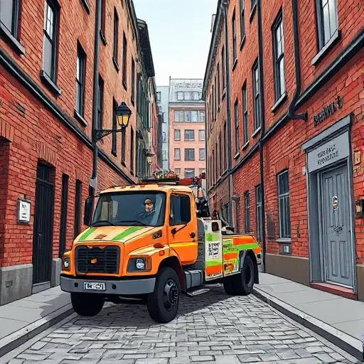 A realistic smallHQ style illustration of a tow truck parked in a narrow urban alley named 2nd Kozhevnikov Lane, surrounded by old brick buildings, street lamps, and cobblestone pavement, showing the truck's hook and a driver in a uniform, conveying a helpful guide atmosphere without any visible text or signage.