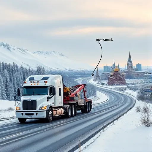 Эвакуатор Мурманск – Москва: Полное руководство по перевозке автомобиля A tow truck traveling from Murmansk to Moscow, depicted on a scenic route across Russia. The image shows a large tow truck in the foreground, a winding road passing through snowy tundra and forest, then transitioning into a cityscape with Moscow skyline in the background. The background includes a subtle map outline of Russia indicating the route, but no text, letters, or numbers are present.