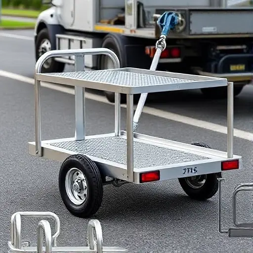 подкатная тележка для эвакуатора A realistic depiction of a compact towing cart designed for use with a tow truck, featuring a sturdy metal frame, a flat platform with a secure locking mechanism, and a small wheel assembly for maneuverability. The cart should be positioned on a road surface with a tow truck in the background, showing the cart attached to the truck's hook. The scene should emphasize functionality and industrial design, with a clear focus on the cart's structure and attachment points.