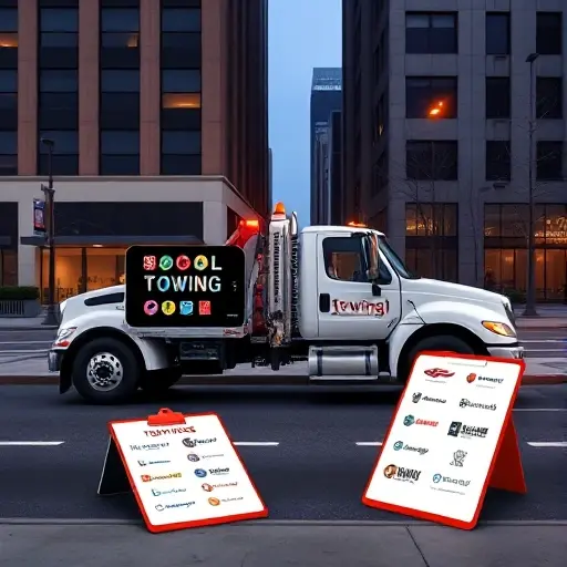 A realistic depiction of a modern tow truck parked on a city street, with a digital display on its side showing icons of various towing companies and a clipboard beside it featuring a list of company logos, all without any text, letters, or digits