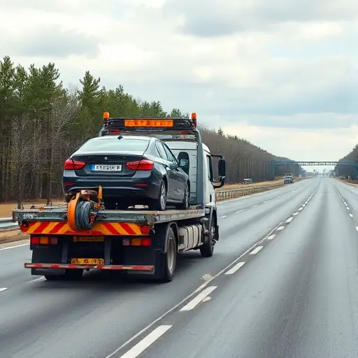 A realistic scene of a heavy-duty tow truck on Moscow's Leningrad Highway, fully loaded with a damaged car on its platform. The highway stretches into the distance with typical Russian road markings, trees, and a cloudy sky. The tow truck is detailed, showing its winch and lights, but no text or signage is visible.