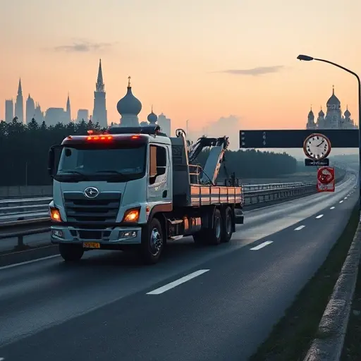 A realistic scene of a tow truck parked on a highway, with a subtle background hinting at the distance between two cities (e.g., silhouettes of Voronezh and Moscow landmarks), a clock icon nearby to suggest waiting time, and visual cues of payment such as a subtle stack of coins or a price tag, all without any readable text or numbers