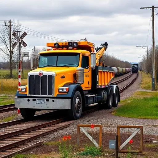 A large yellow tow truck parked at a railway crossing in a rural setting, with visible railway tracks, a wooden crossing sign, and a distant train approaching, all in a realistic style