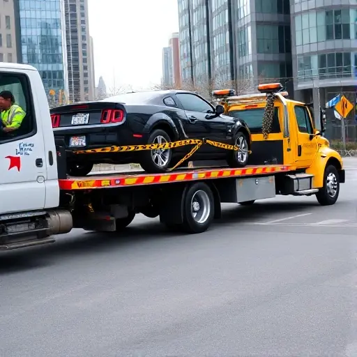A tow truck in a city setting, towing a car with safety straps and reflective tape, caution signs, driver in a high-visibility safety vest, all elements arranged to emphasize vehicle safety during transport