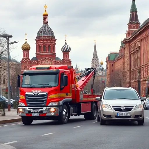 A realistic scene of a tow truck driving through Moscow streets, with recognizable city elements such as the Kremlin dome and red brick buildings in the background, showing the truck moving quickly to assist a stranded vehicle on the road, emphasizing speed and reliable service without any text or signage.