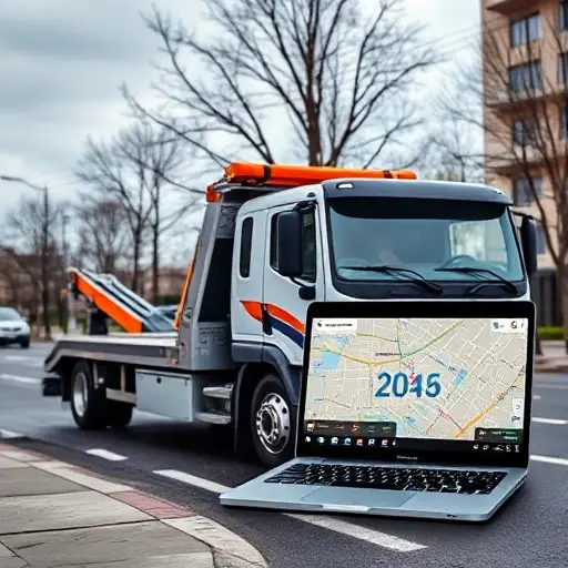 A modern tow truck parked on a Khabarovsk street, with a smartphone or laptop screen displaying an online towing service interface and a map of the city, all in a realistic style, no text or lettering visible