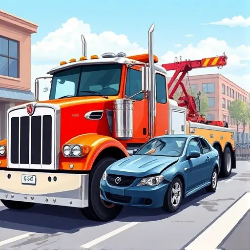 A bright, detailed illustration of a modern tow truck parked beside a damaged car on a city street, with a clear sky and subtle reflections on the truck's chrome surfaces, no text or signage visible
