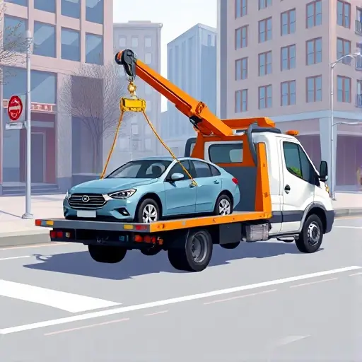 A realistic illustration of a tow truck (evacuator) in action, showing the vehicle with a sturdy hook and winch, positioned next to a broken-down car being lifted onto its platform. The scene is set on a city street with subtle background details like buildings and road markings, but no text, logos, or people. The focus is on the tow truck and the vehicle being towed, captured in a clear, high-quality smallHQ style.
