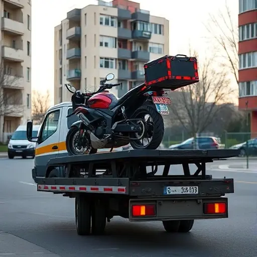 A realistic scene of a compact tow truck in Eastern Moscow, gently lifting a motorcycle and a piece of special equipment onto its platform. The background shows typical Moscow apartment blocks and a quiet street, with subtle hints of early morning light. The focus is on the reliable, affordable service, with the truck and vehicles clearly visible, no text or signage.