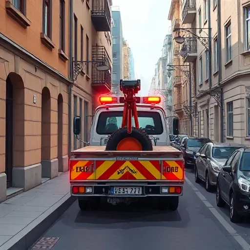 A realistic smallHQ style illustration of a tow truck (evacuator) parked on a narrow urban alley named "Аллея Летчиков" (Pilots' Alley). The scene shows the tow truck with its boom and lights, the alley lined with modest buildings, street lamps, and a few parked cars. The atmosphere is daytime with soft shadows, emphasizing the vehicle and the alley environment, without any signage, text, or numbers.