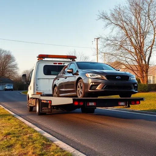 A tow truck loading a broken down car on a suburban road, affordable budget service concept, daytime, clear weather