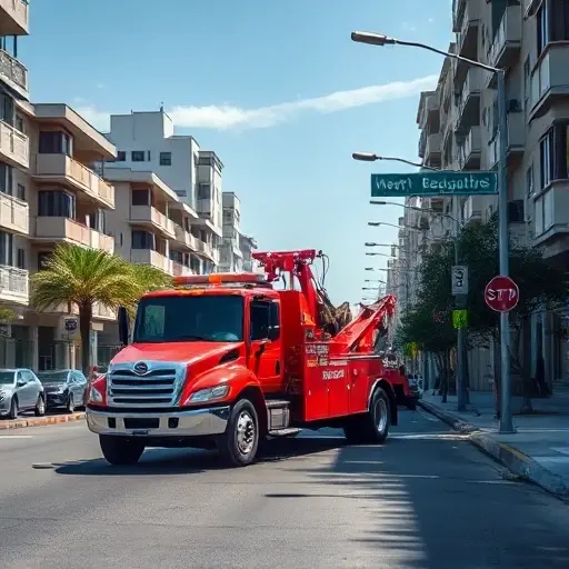 Эвакуатор в районе Западное Дегунино: Полное руководство A realistic scene of a tow truck (evacuator) operating on a city street in the West Degunino district, with surrounding residential buildings, street signs, and a clear sky, focusing on the vehicle and the urban environment without any text or logos