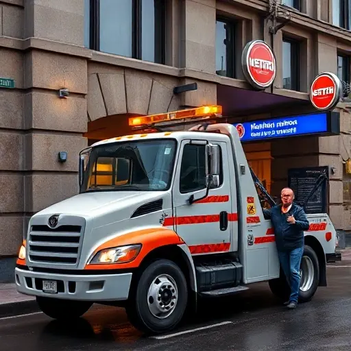 A tow truck parked outside a Moscow metro station entrance, with a customer giving a thumbs up, realistic style, no text or signage