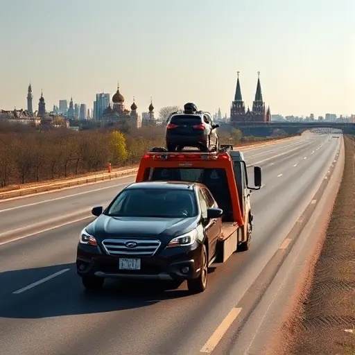A realistic scene of a tow truck traveling on a highway that connects Moscow and Novgorod, with the Moscow skyline faintly visible in the background on one side and the historic towers of Veliky Novgorod on the other, the truck carrying a disabled car, under a clear daytime sky, emphasizing the need for a towing service between the two cities.