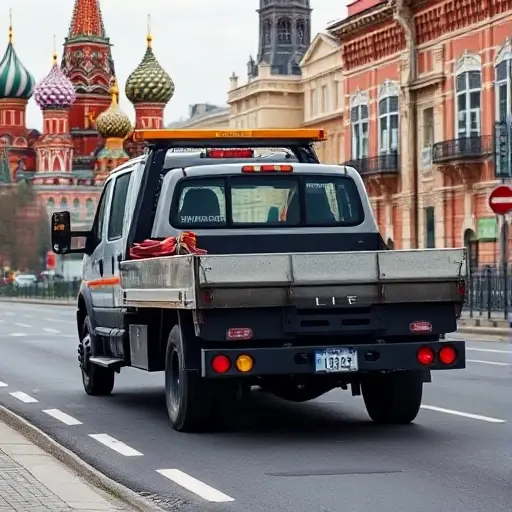 номер эвакуатора машины москва A realistic tow truck parked on a Moscow street, with a generic number plate visible but no digits or letters, surrounded by iconic Moscow architecture such as St. Basil's Cathedral or the Kremlin, in a detailed cityscape setting.