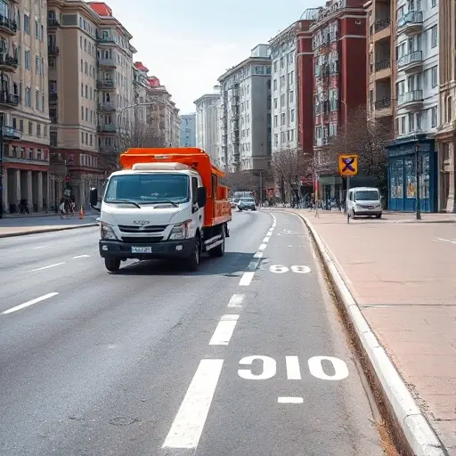 A realistic scene of a Moscow city street with a tow truck (evacuator) positioned beside a parked car, showing a clear distance marker (e.g., a road sign or painted line) indicating the evacuation distance, with recognizable Moscow architecture in the background such as typical apartment blocks and street lamps, under a clear sky, without any text or logos