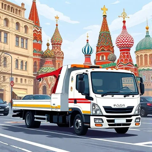 Москва: Все, что нужно знать о платных эвакуаторах A realistic illustration of a modern tow truck parked on a Moscow street, with iconic landmarks such as the Kremlin or St. Basil's Cathedral in the background, a car being towed, and a visible service sign indicating 'paid' without any text, letters, or digits, rendered in a detailed, high-quality style