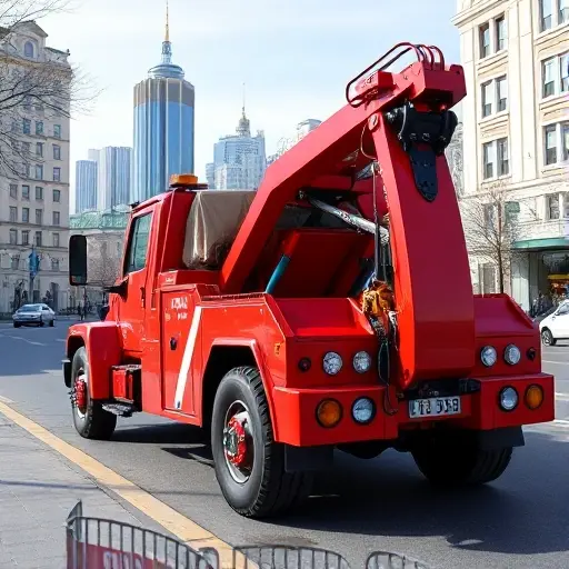 A modern tow truck parked on a typical Moscow street in Medvedkovo, with the Moscow skyline in the background, showing the truck's bright red paint, large wheels, and a visible towing hook. The scene is daytime, with a clear sky and a few pedestrians walking on the sidewalk.