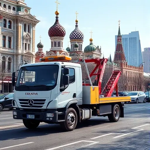 A realistic scene of a tow truck (evacuator) parked on a Moscow street, with recognizable Moscow architecture such as the Kremlin domes or typical high-rise buildings in the background, under a clear sky. The focus is on the tow truck and the urban environment, conveying the concept of vehicle towing services in the city without any text, numbers, or signage.
